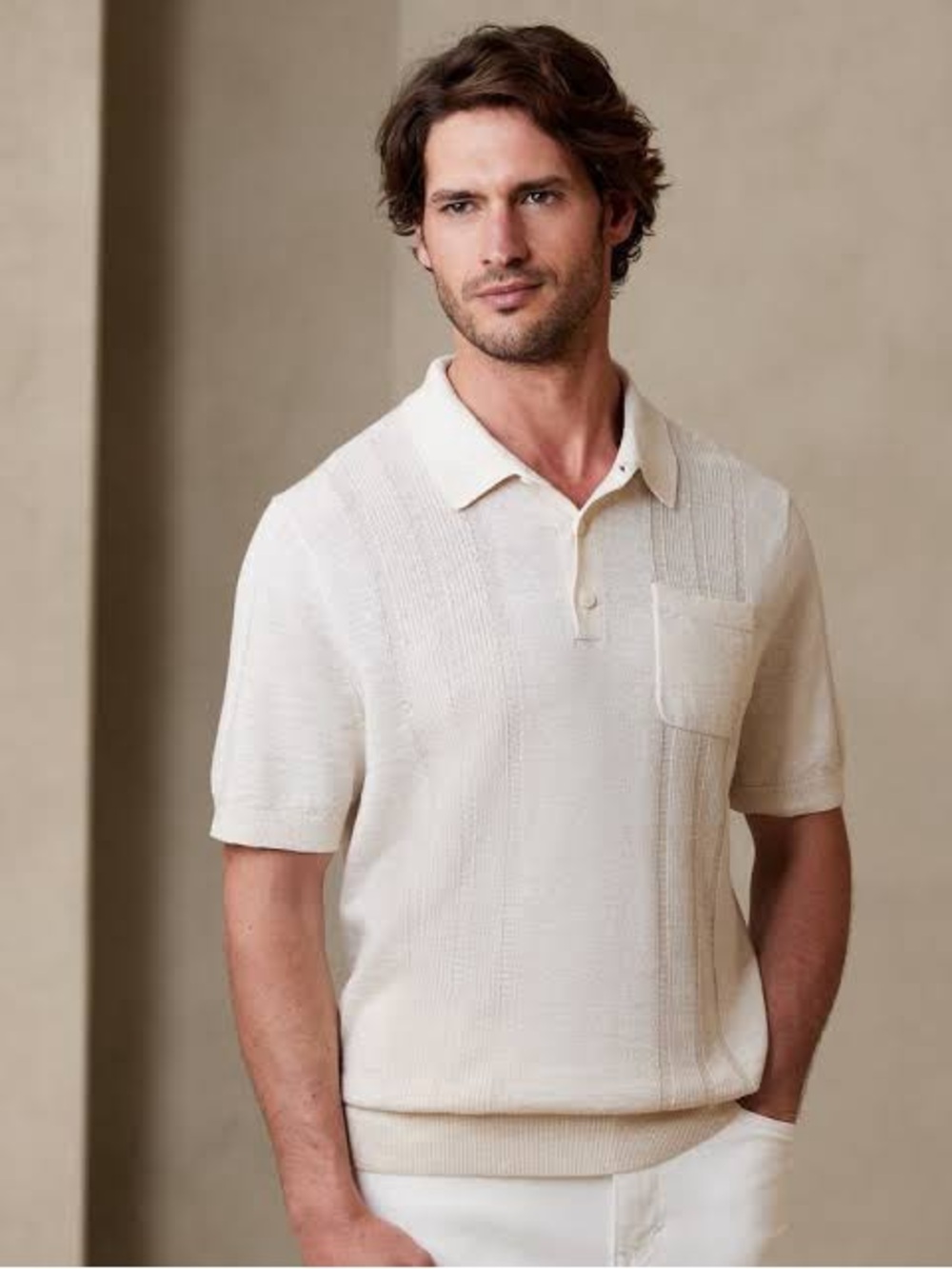 Banana Republic Men's Cream Short-Sleeve Knit Polo with Chest Pocket
